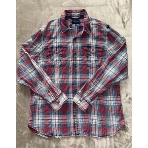 True Religion Men's Plaid Shirt Slim Fit Long Sleeve Red Blue Western Size 2XL